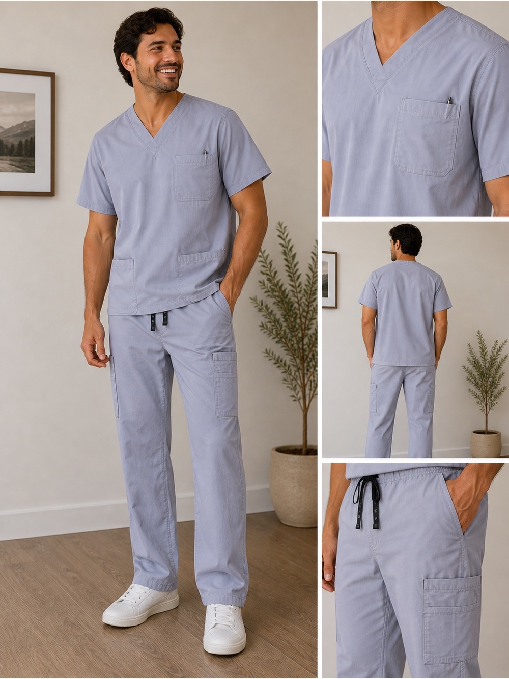 Light Gray Men's Scrub Top and Cargo Pants